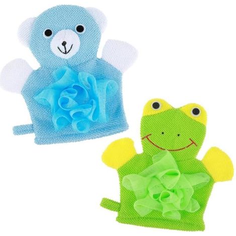 2pcs enfants gant de bain, pour enfants gants de toilette éponge mignon animal bambin bain mon corps épurateur douche(Vert,Bleu)-yd (1/4)