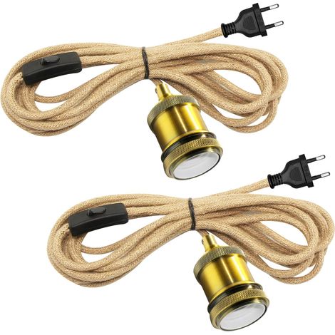 2PCS Lustre Corde de Chanvre avec Prise, Douille E27 avec 500CM Câble, Lampe Suspendue avec Prise et Interrupteur, Suspension Luminaire Corde Chanvre pour Intérieur, Rétro Industriel Style, Bronze (1/5)
