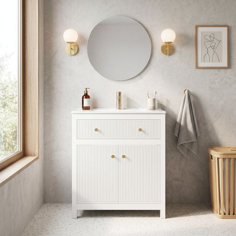 URBAN MEUBLE Meuble de Salle de Bain 81cm avec Vasque Céramique, Tiroir et Porte Soft-Close, Blanc (robinet non inclus) (1/5)