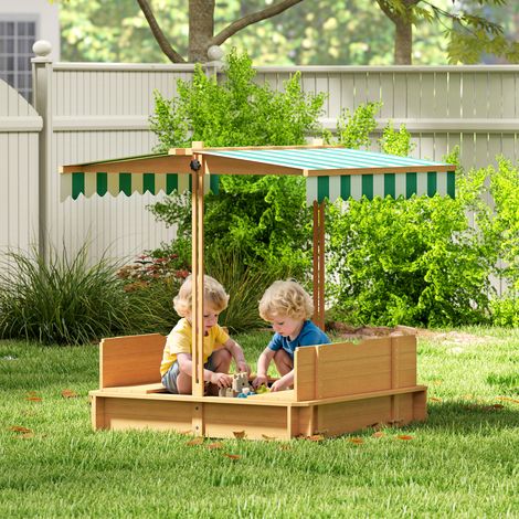 Bac à sable en bois enfants bancs couverture réglables en hauteur dossiers clair - Dimensions: 106x106 cm - Couleur: Marron
