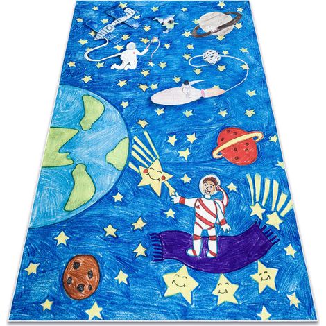 BAMBINO 2265 Waschteppich Weltraum, Rakete für Kinder Anti-Rutsch - blau blue 120x170 cm