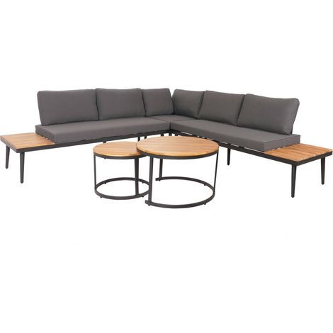 Set da giardino HHG-215c, salotto con 2x tavolini Legno acacia massello acciaio, marrone, cuscini grigio scuro