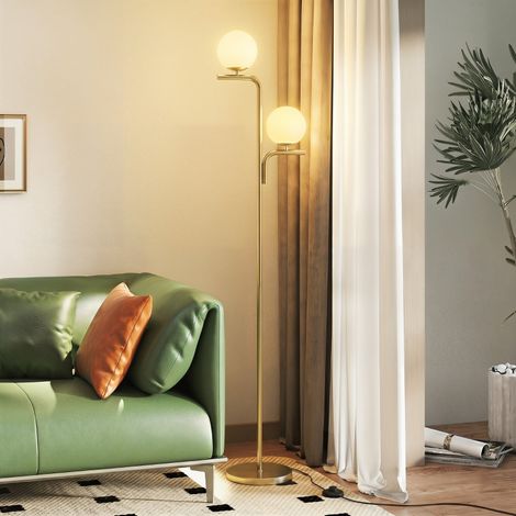 Lampadaire LED doré design moderne, 3 températures de lumière, abat-jours boules en verre et interrupteur au pied (1/4)