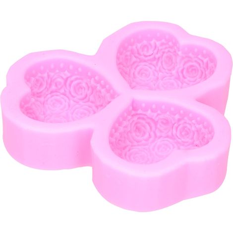 Rosa herzförmige Silikon-Seifenform mit 3 Mulden zur Fondant-Tortendekoration (Rosa) (1/5)