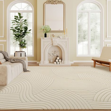 Wohnzimmerteppich 160 x 120 cm, weich, rutschfest, dick, geometrisches Muster, cremefarben-beige