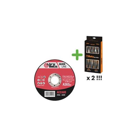 KIT 300 DISCHI TAGLIO SOTTILE ACCIAIO Ø MM.115 + 2 SERIE GIRAVITI BETA- - ø mm.115x1,0 foro 22,2 per acciaio - 1 confezione ABRABETA