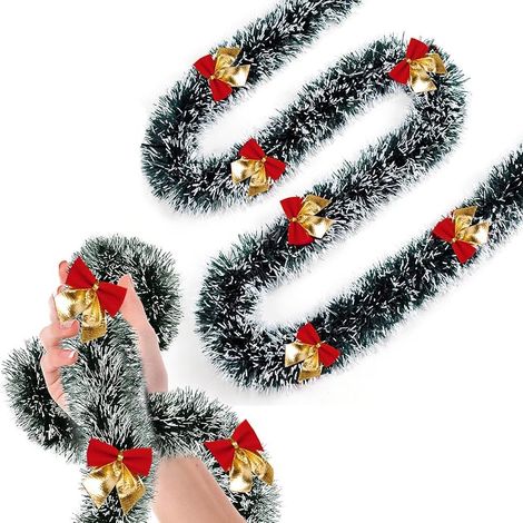 Lot de 5 guirlandes de sapin de Noël vert givré avec nœuds rouges et dorés – Serpentins métalliques enneigés, 200 cm de long x 9 cm de large – Décorations de vacances et de fête pour (1/5)
