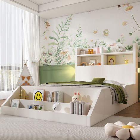 Cama infantil 90x200 cm con balda, luz de noche, librería extraíble color blanco(Sin colchón)