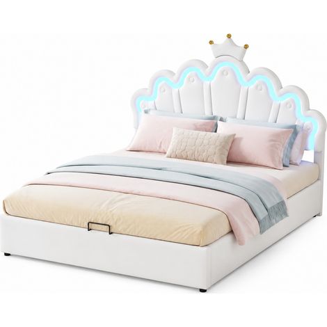 Cama tapizada 140x200 cm estilo princesa con cabecero de corona, LED RGB regulable por app, arcón abatible hidráulico, acabado blanco elegante - CHICFURN (1/5)