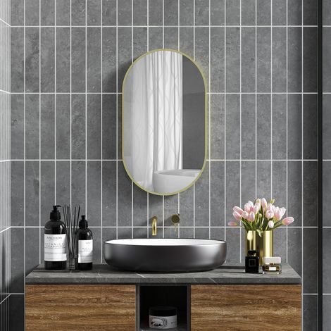 Specchio ovale da bagno 40x70 cm, specchio decorativo da parete con cornice in alluminio per soggiorno, orizzontale o verticale, oro