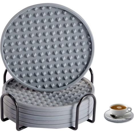 Sottobicchieri con supporto, sottobicchieri in silicone, lavabili in lavastoviglie, set di sottobicchieri antiscivolo, resistenti al calore, adatti a vari tipi di bicchieri, set da 6, neri (1/5)
