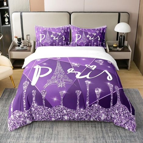 Paris Diamant Brillant Tour Eiffel 100% Coton Housse de Couette 140x200cm Garçons Filles Enfants Argent Violet Valentine Cadeau Parure de lit 100% Coton décoration de Chambre Zip - 140 x 200 cm + 1 ta (1/5)