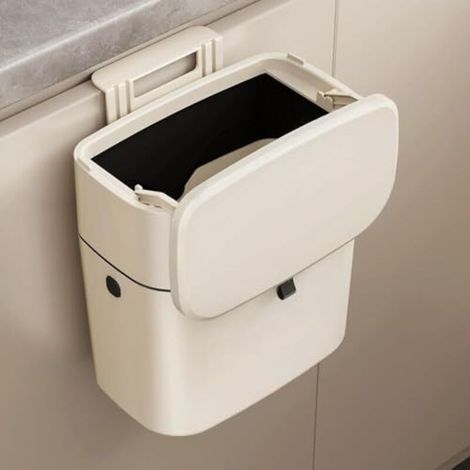 Hängender Küchenabfalleimer, 7-Liter-Küchenabfalleimer mit Deckel, wandmontierter Küchenabfalleimer, kleiner Küchenabfalleimer mit Haken, geruchsdicht (weiß) (1/5)