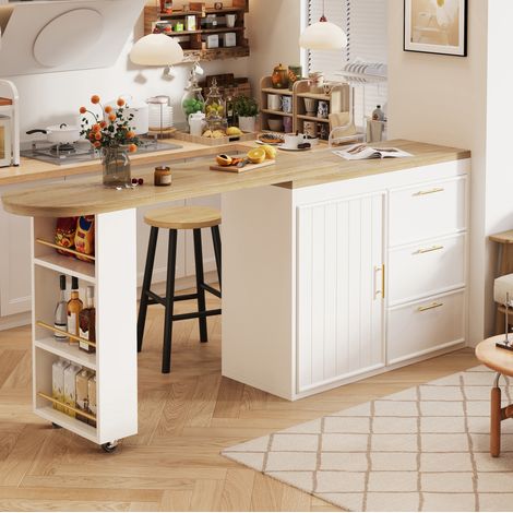 Table de bar MDF blanc 128-203x39x90 cm, plateau pivotant 360°, 3 tiroirs, étagères réglables et rangement latéral (1/5)