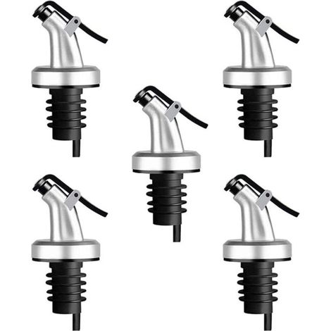 Set di 5 beccucci versatori per bottiglie di alcolici, olio d'oliva e vino, con tappi in gomma, dispenser argentato e tappo dosatore.