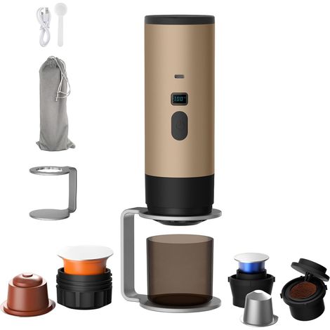 Machine a Cafe Portable, 3 En 1 Machine à Café Multi Capsules Avec D'Eau 90ml et Écran LED pour Camping, Bureau et Voiture, Auto-Chauffante, Compatible Café Moulu et les Capsules Espresso (Champagne) (1/5)
