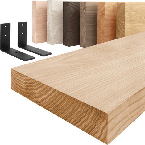 LAMO Manufaktur étagère murale en bois massif, bord régulier, étagère de rangement Basic, bois naturel / équerre noire 140cm, LWG-01-A-002-140LS