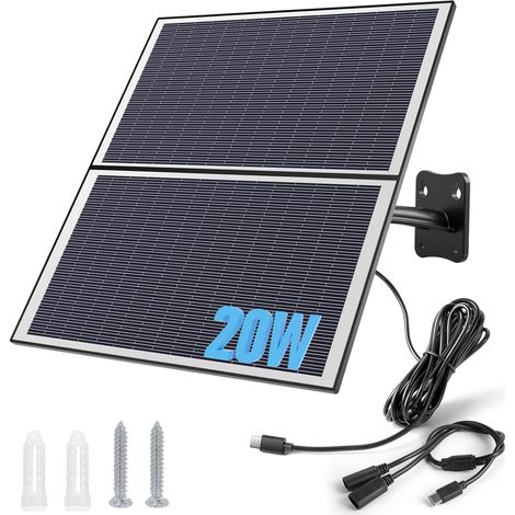 Panneau Solaire 20W Type-C pour Caméra de Surveillance Extérieure Câble de 3 Mètres, Connexion Etanche, Compatible Caméra à Batterie, Montage Facile, Couleur Noire (1/5)