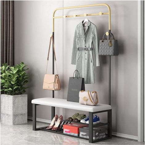 Panca porta scarpe da ingresso con seduta imbottita, 7 ganci, struttura in metallo, colore nero/grigio, 100 cm