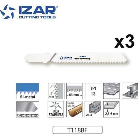 lame de scie sauteuse bimétal Izar T118BF pour acier, inox 76mm TPi13 (x3)