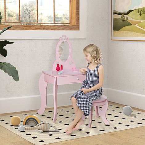 Coiffeuse enfant avec tabouret en bois. Coiffeuse avec miroir et tiroir. 60 x 36 x 88 cm. Rose.