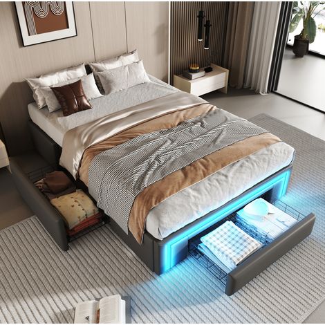Cama tapizada de PU gris 90x200 cm con cajones, LED y somier de láminas metálicas (1/5)