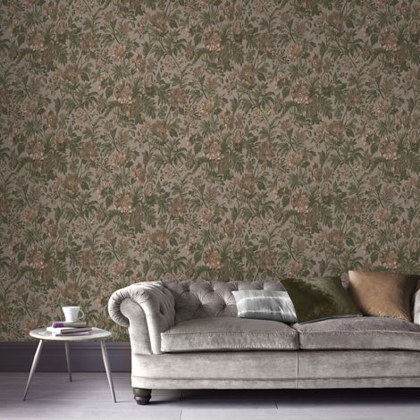 Papier peint intissé Fleurs Isa Old pink 1000 x 53cm Vert sauge, taupe rosé