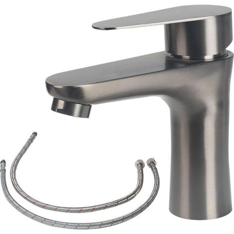Robinet mitigeur de lavabo en acier inoxydable 304 , robinet de salle de bain avec flexible , robinet d'évier avec accessoires d'installation , savon pour les mains eau chaude et froide (gris) (1/4)