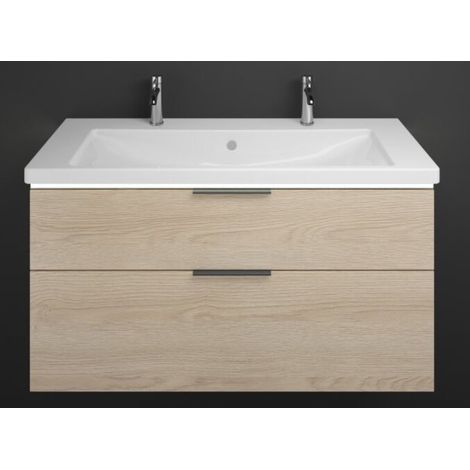 Burgbad Eqio Keramik-Doppelwaschtisch mit Unterschrank, 2 Auszüge mit LED-Beleuchtung, Griffleiste Eiche Dekor Cashmere/Alpinweiss 123 cm Schwarz matt (1/2)
