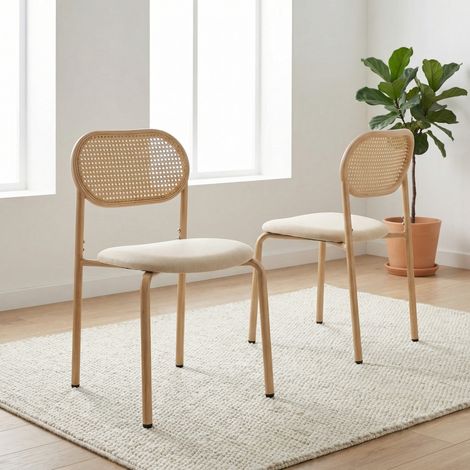 Sedie da pranzo set di 2, altezza 80.5cm, seduta morbida imbottita e schienale in rattan, metallo, stile nordico vintage, Rovere chiaro