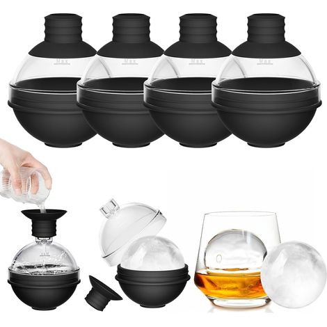 Grand bac à glaçons rond avec couvercle entonnoir - Bac à glaçons en silicone de 6 cm - Whisky, cocktails, vin et autres boissons (lot de 4) Réutilisable - 6 cm (1/3)