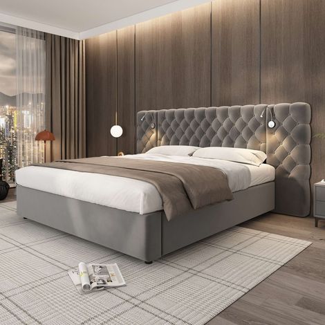 Lit coffre 180x200 cm gris en velours, tête de lit large rembourrée avec lampe de lecture, rangement hydraulique, sommier à lattes en bois inclus, sans matelas (1/5)