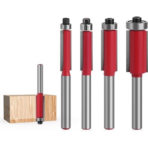 Juego de 4 fresas metálicas, aptas para trabajar la madera, con vástago de 6 mm y rodamiento superior, ideales para cortes y recortes al ras en proyectos de bricolaje. (1/5)