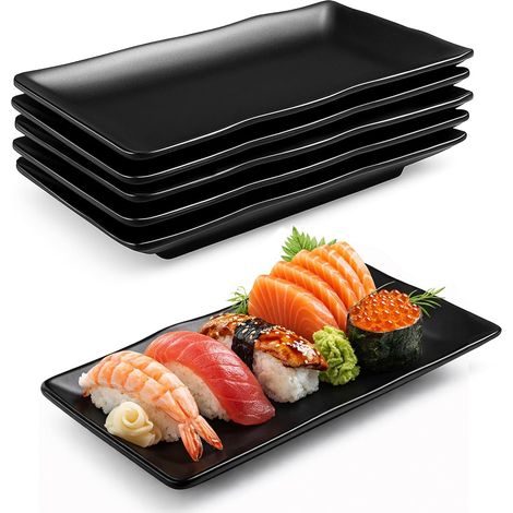 Lot de 6 assiettes rectangulaires en mélamine, plateaux de service pour sushis, entrées, desserts, salades, fruits et accompagnements, empilables, robustes et lavables au lave-vaisselle (1/5)
