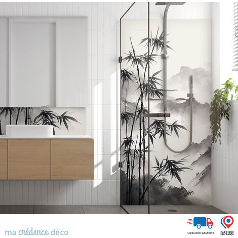 Panneau de douche : Bambous et montagnes zen - Couleur Gris anthracite - Alu composite - 90 - 245 (1/3)