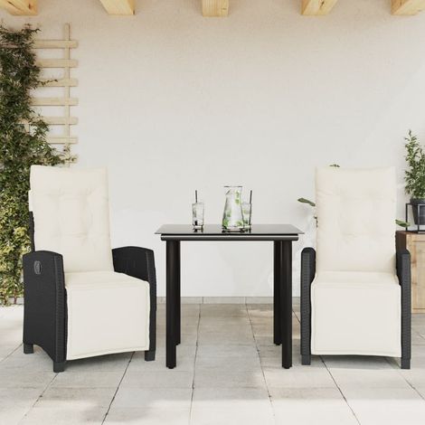 3-tlg. Garten-Essgruppe mit Kissen Schwarz Poly Rattan