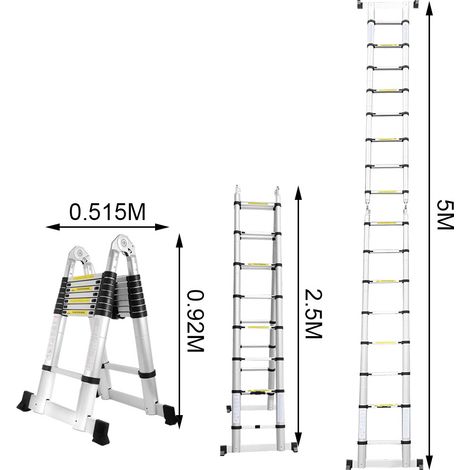 Randaco Teleskopleiter Silber  Aluminium Klappbar Multifunktionsleiter Anlegeleiter  2.5M+2.5M Mehrzweckleiter Fingerklemmschutz Auszeihleiter Klappbar Aluminiumleiter Antirutsch bis 150 KG