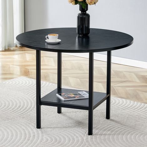 Table à manger ronde 100x100x77 cm noire en MDF et métal avec rangement double niveau (1/5)