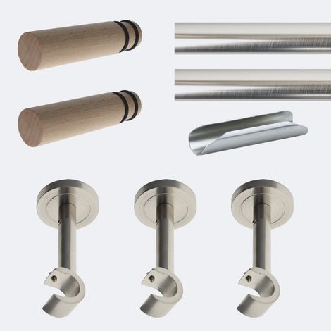 Kit de tringle à rideaux Nickel Mat 300cm Diam.20mm Embout Cylindre Bois - Fixation Mur - Boulet (1/3)