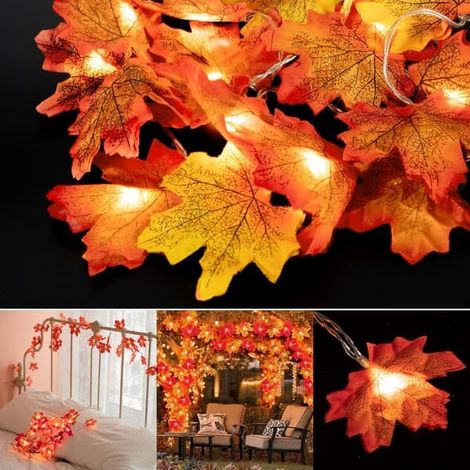 Décorations d'automne : guirlande lumineuse de 6 m (20 pi) avec 40 DEL en forme de feuille d'érable, idéale pour la maison, Thanksgiving, Noël et Halloween. Étanche, pour l'intérieur et l'extérieur. (1/5)