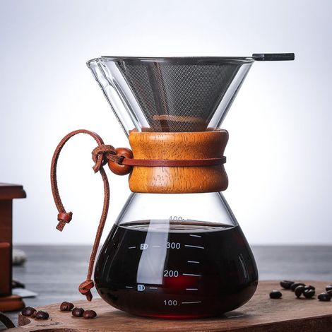 Cafetiere Filtrante Versée - 400 ml - Verre Borosilicaté - Filtre Acier Inoxydable Double Couche - Manche Bois - Pour Maison Café Bureau (1/5)