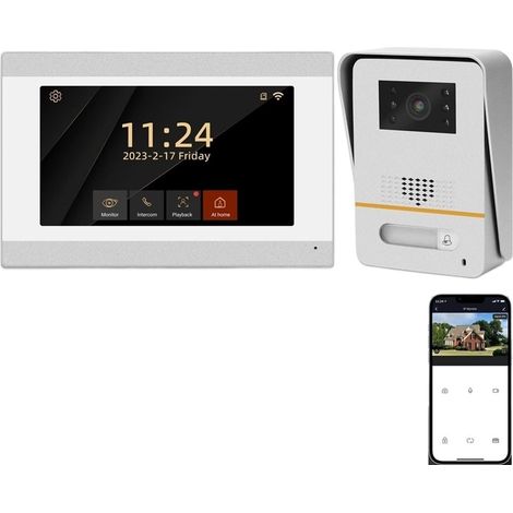 Caméra de sécurité sans Fil avec Sonnette vidéo Interphone vidéo WiFi for Appartement 2 Fils système 7 Pouces écran Tactile 1080P Tuya Smart Sonnette Parler Enregistrement Installation Facile (1/5)