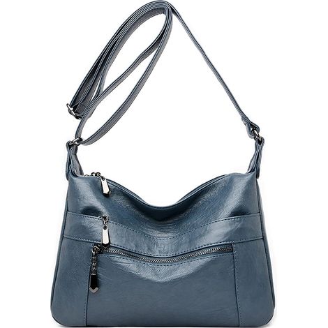 Sac à main multi-poches en cuir pour femme avec bandoulière réglable (bleu)