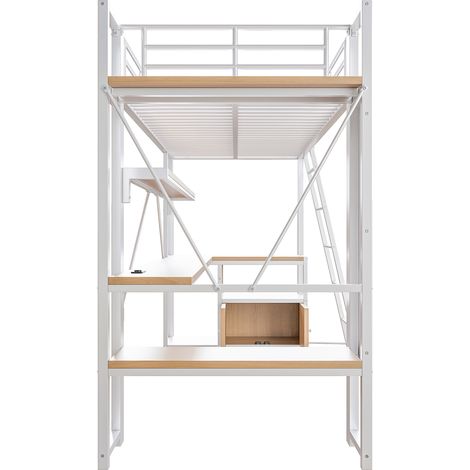 Hochbett 90x200 cm aus Metall mit Schreibtisch, LED, USB, Regalen und Stauraum, weiß (1/5)