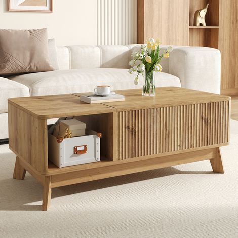 Mesa de Centro con Tapa Elevable, Almacenamiento Oculto y Hueco Abierto, Estilo Moderno, MDF, Natural, 95 × 48 × 50 cm (1/5)