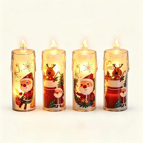 Lot de 4 bougies LED de Noël Père Noël, sans flamme. Parfaites pour la décoration intérieure, fêtes de fin d'année, anniversaires et Halloween. Sécuritaires et décoratives. (1/5)