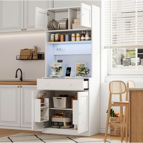 Buffet de cuisine H 180 cm avec LED, prises USB, meuble de rangement grand tiroir, étagères, MDF blanc (1/5)
