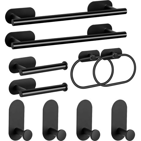 Ensemble porte-serviettes de salle de bain en acier inoxydable, porte-papier toilette autocollant et crochets pour serviettes (noir, 10 pièces)