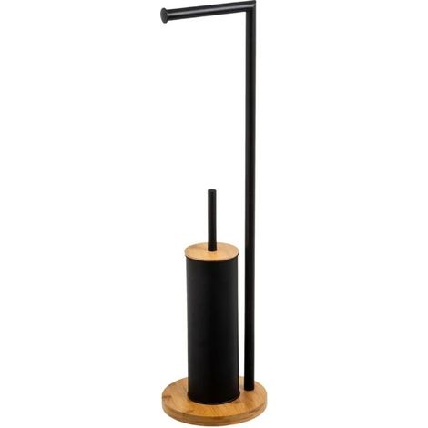 Porte-rouleau WC - JUANIO - Modèle 2-en-1 - Métal & bambou - Noir - 19x19x74 cm (1/4)