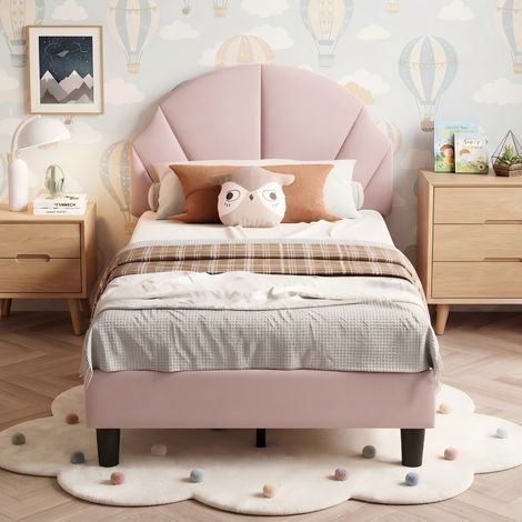 SYEKLAOO Générique Lit Fille 90x200 cm avec Sommier à Lattes Tête de lit Réglable en Hauteur,en Forme de Coquillage,Lit Simple Enfant Fille en Velours-Rose